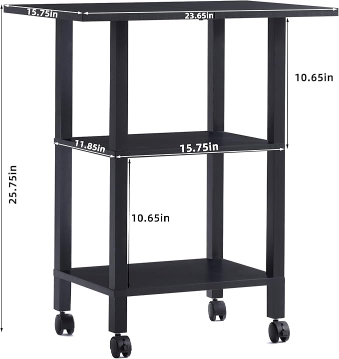 YUFAM Black 3 Tier Home Printer Stand with Storage, Wooden Mobile Printer Table Shelf, Rolling Printer Cart Shelf with Lockable Wheels fit Fax Machine, Scanner