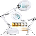 10X Magnifying Glass with Light and Stand, 2-in-1 Desk Lamp & Clamp Light, 5 Color Modes, Brightness Stepless Dimmable LED Lighted Magnifier Hands Free, Magnifier Lamp for Crafts - White