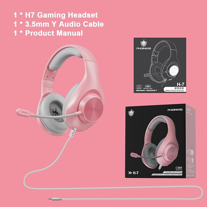 Gaming Headset for PS5 PS4 PC, Wired Headsets with 7.1 Surround Sound, H-7 Gaming Over Ear Headphones with Noise Cancelling Flexible Mic Memory Earmuffs, for PC/PS5/PS4/XboxSeries X/S/Switch (Pink)