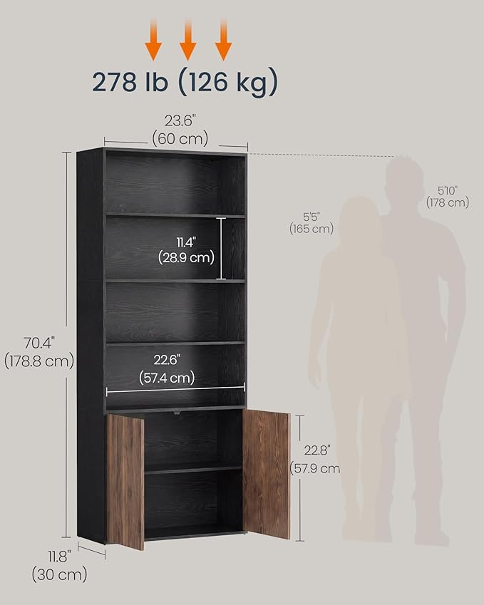 SONGMICS Home Book Shelf, Superfast Toolless Assembly, 6-Tier Floor Standing Bookcase with Doors and Adjustable Shelves, 70.4 Inches Tall for Bedroom Study Living Room, Ebony Black and Natural Walnut