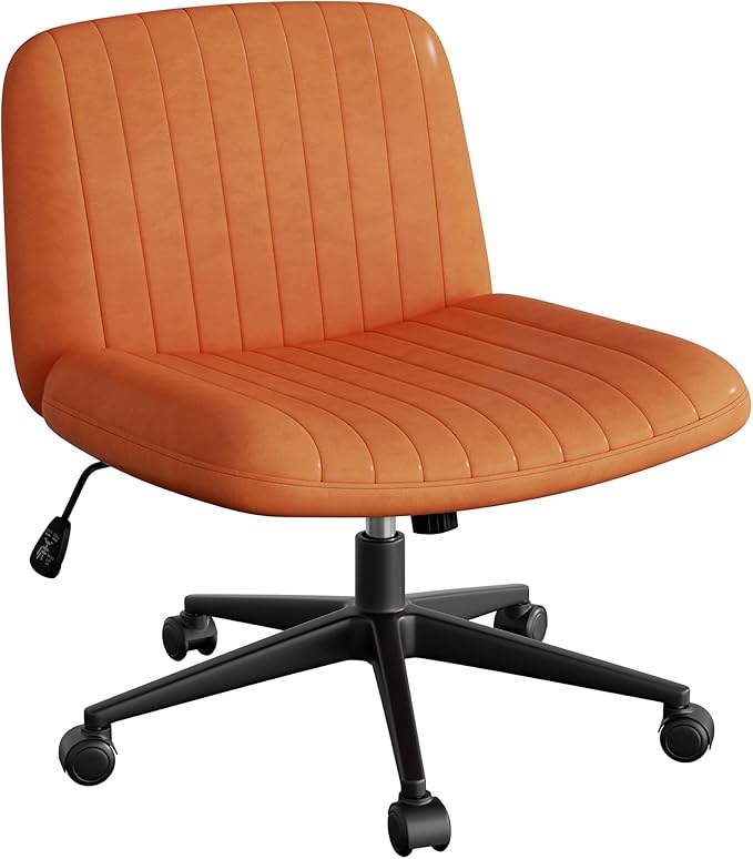 Meilocar Criss Cross Chair with Wheels, Cross Legged Office Chair, Armless Office Chairs Adjustable Height Swivel Tilting Vanity Chairs for Home Bedroom (PU Leather, Orange)