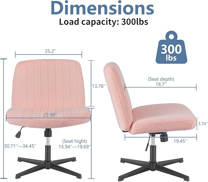 DUMOS Criss Cross Chair No Wheels, Legged Office Desk Armless Chiar Wide Seat, Adjustable Swivel Teddy Fabric Task Vanity Chairs for Home Bedroom, Pink