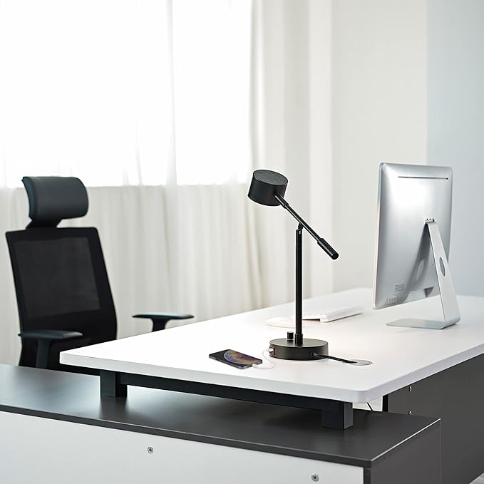 Globe Electric 52271 Aristocrat 16" Integrated LED Swing Arm Desk Lamp, Matte Black, Dimmable On/Off Rotary Switch at Base, 2.1A USB Port