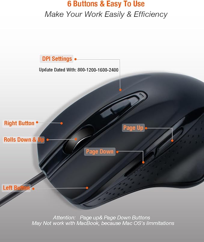 USB Wired Mouse, Large Size Ergonomic Gaming and Office Mouse with 6 Buttons, 4 Level DPI Adjustable, Page Down& UP Button, 1.5 Meters Cable for MacBook, Windows Laptop(Black)