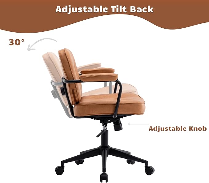 HEAH-YO Modern Armless Desk Chairs Set of 1, Swivel Computer Task Chair with Wheels and Armrests, PU Leather Adjustable Office Chair with Backrest for Home Base, Light Brown