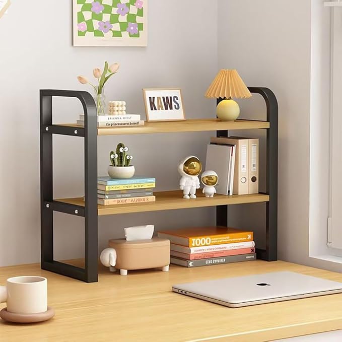 Hbluefat Desktop Organizer Shelf, 2-Tier Adjustable Desk Bookshelf, Tabletop Small Wood Bookcase, Multipurpose Display Storage Rack for Home Office (Wood+Black)