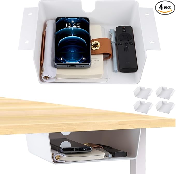 4 Pack Adhesive Under Desk Hanging Shelf Mount Drawer Organizer, Attachable Plastic Under Desk Storage Tray for Standing Desks, Tables, Workstations, Gaming, Cabinet, Increase Storage Space - White