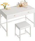 SUPERJARE 35.4" White Desk with 2 Drawers, Modern Makeup Vanity with Padded Stool, Small Computer Desk Home Office Desk for Writing Study Bedroom