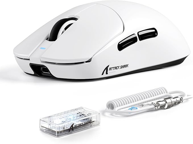 ATTACK SHARK X8 Ultimate Wireless Gaming Mouse,PAW3950MAX 42K DPI Sensor,Nordic 54L15 MCU,Wireless/Wired Dual 8K Polling,Optical Switch,59g Lightweight 2.4GHz/BT/Wired Mice with Coiled Cable-White