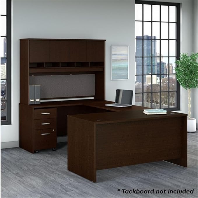 Pemberly Row 60W U Shaped Desk with Hutch and Drawers, Mocha Cherry Finish, Engineered Wood, Includes Mobile File Cabinet, Wire Management, Durable Office Desk for Home Office or Workspace Use