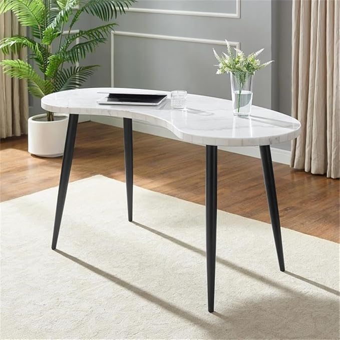 Pemberly Row Desk and Chair Set, 60 in White Marble Desk with Ebony Legs, Gray Upholstered Swivel Chair, Mid-Century Modern Office Set, Adjustable Chair for Home or Workspaces