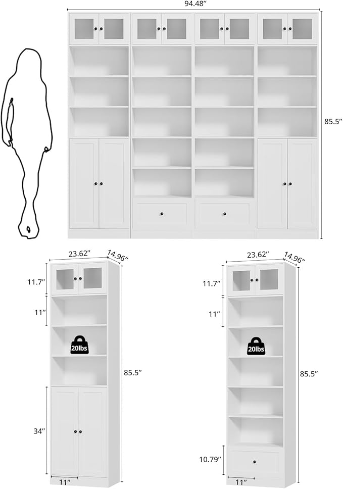 TUSY 85.5 Inch Tall Bookshelf with Doors - 7 Tier Bookcase with Glass Doors and Drawer, 23.6" Wide Storage Cabinet with Open Shelves for Living Room, White Book Shelf for Home Office, Study (ABBA)