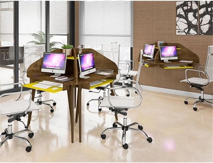 Eden Home 2-Piece Wood Cubicle Desk Set, MDF Rustic Brown and Yellow Finish, Includes Keyboard Drawer, Overhead Shelf, Mid-Century Modern Corner Design for Home Office Use