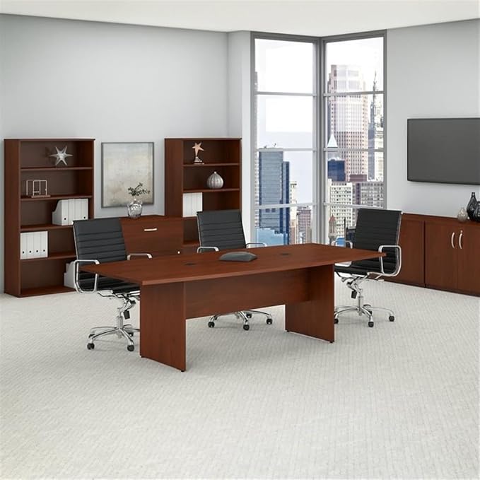 Pemberly Row Set of 5 - Cherry Conference Table & 4 Light Gray Executive Chairs