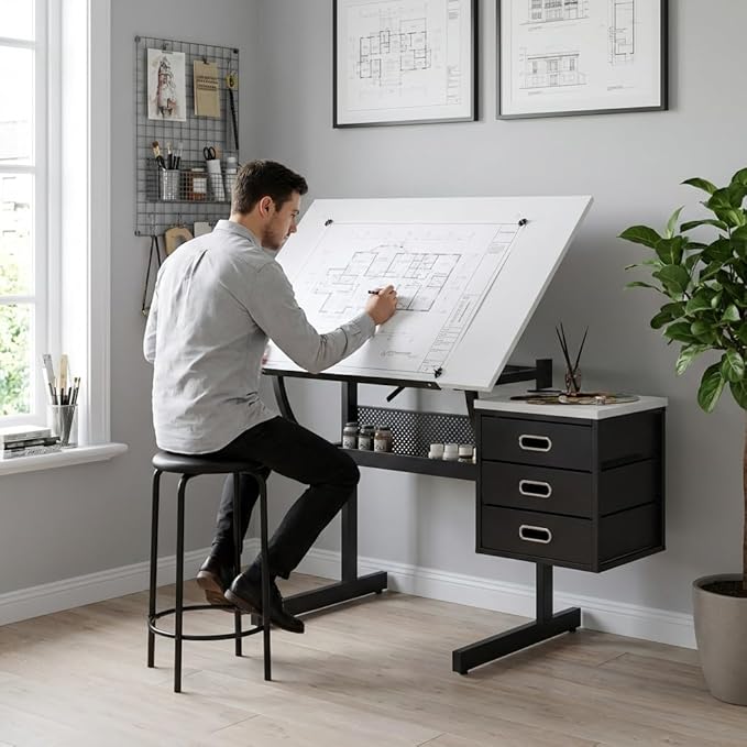 Drafting Table with Storage, Adjustable Art Desk & Art Table with Stool, 0-75° Tilting Top, 3 Drawers for Diamond Painting, Architecture, Animation, Office (Adults & Teens) (White)