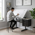 Drafting Table with Storage, Adjustable Art Desk & Art Table with Stool, 0-75° Tilting Top, 3 Drawers for Diamond Painting, Architecture, Animation, Office (Adults & Teens) (White)