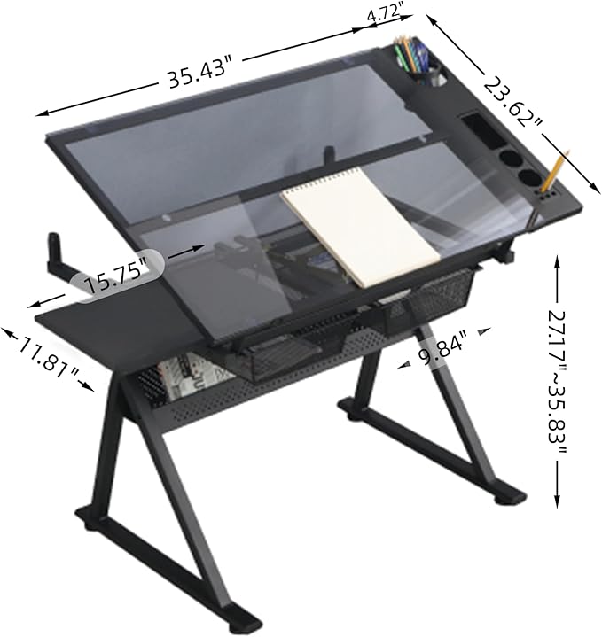 Henf Drafting Table, Height Adjustable Glass Drafting Table Art Desk with Drawers, Art Table Painting Table Art Craft Desk with 0-75° Tilting Glass Tabletop and Storage for Home Office,Black