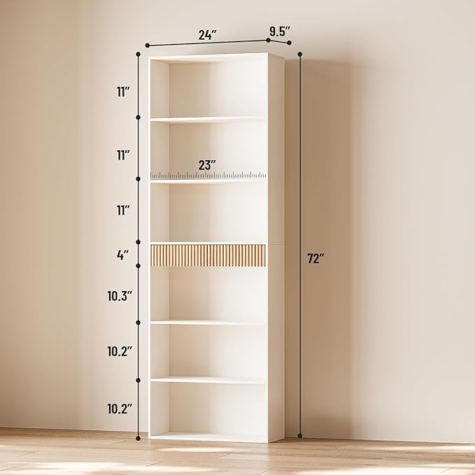 INNOD 7-Tier Bookshelf with Storage, 72" Tall Bookcase with Drawer, Display Book Shelf Book Organizer with Anti-tip Device, Home Decor Wood Furniture for Office, Bedroom, Living Room, White