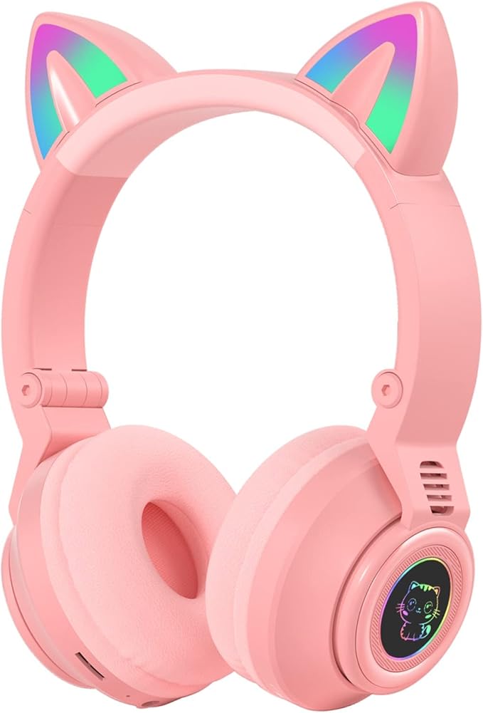 Cat Ear Bluetooth Headphones for Kids & Adults, Wireless Foldable & Wired Multi-Function LED Light Up Over Ear Headphones with Mic and Volume Control for iPhone/iPad/Laptop/PC (Pink 2)