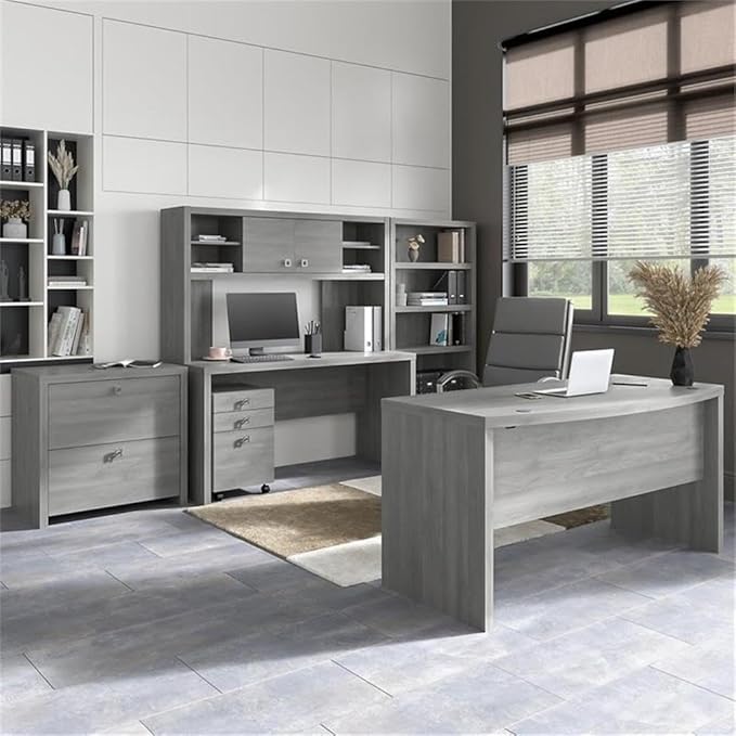 Bush Business Furniture Office by Kathy Ireland® Echo Bow Front Desk, Credenza with Hutch, Bookcase and File Cabinets in Modern Gray