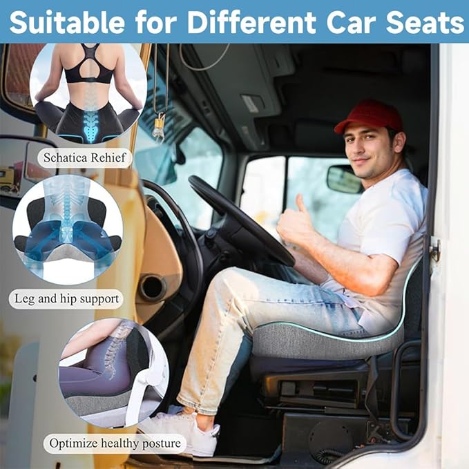 Ergonomic Memory Foam Seat Cushion for Truck Drivers Office Chairs Home Chair Cushion Car Desk Chair Non Slip Pad, Sciatica & Tailbone Pain Relief, Long Sitting Comfort Pad (Grey)