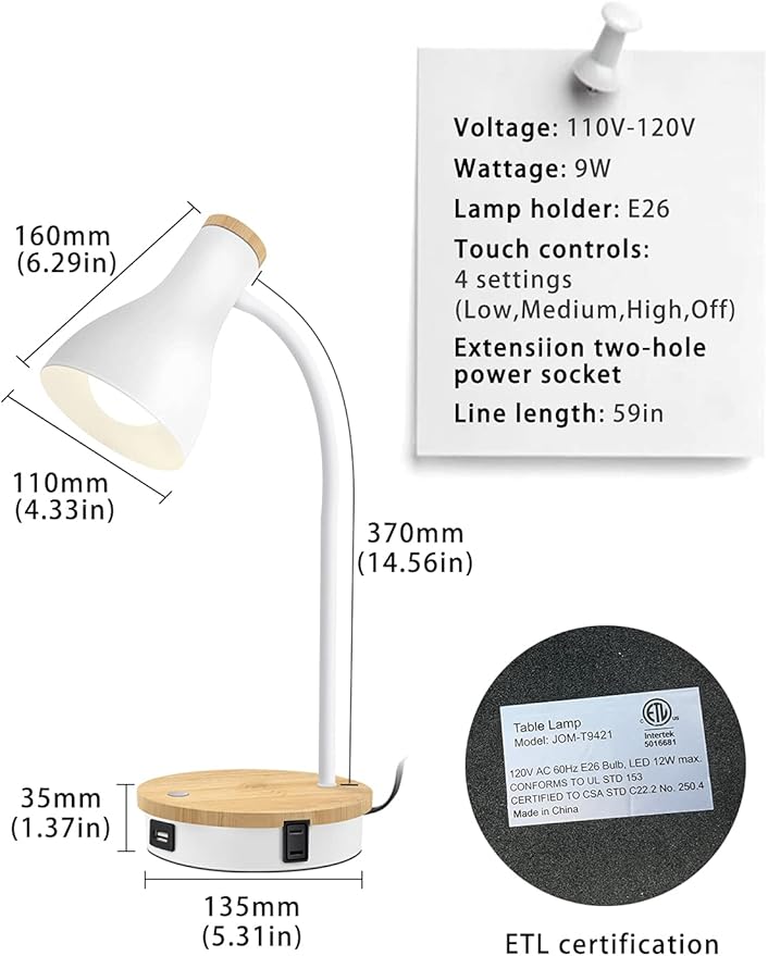 LALISU Metal Desk Lamp Wireless Charging Table Lamp Touch Reading Lights Arc Desk Lamps for Bedroom, 3 Way Dimmable Bedside Lamp with USB Charging Ports Lamp for Study Room and Office (White)