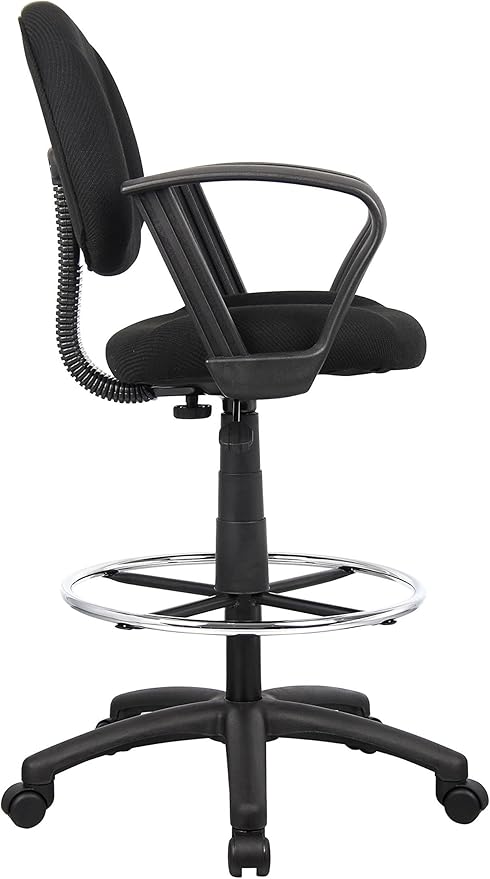 BOWERY HILL Contoured Comfort Drafting Stool, Adjustable Height 26.5"-31.5", Black Tweed Upholstery, Loop Arms, Chrome Footrest, Nylon Base with Casters, Ergonomic Office Chair for Drafting or Studio