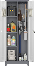 IRONFFICE Metal Storage Cabinet with Lock,65" H Laundry Room Cabinets with Pegboard,Locking Metal Cabinet Heavy Duty for Garage Office,School,Warehouse,Grey-White