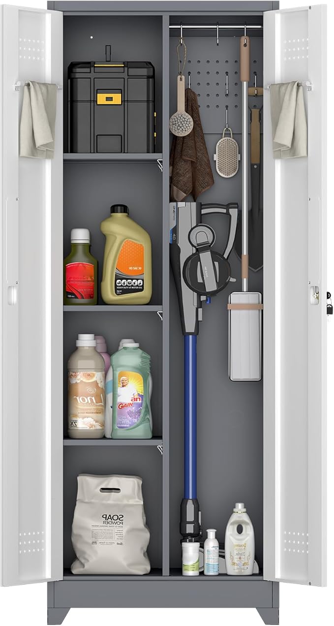 IRONFFICE Metal Storage Cabinet with Lock,65" H Laundry Room Cabinets with Pegboard,Locking Metal Cabinet Heavy Duty for Garage Office,School,Warehouse,Grey-White