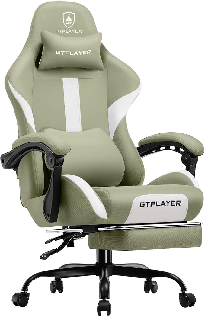 GTPLAYER Gaming Chair with Foot Rest & Pocket Spring Cushion, Breathable Fabric for Home Office Desk, Ergonomic High Back Computer Chair with Headrest & Lumbar Support, Green