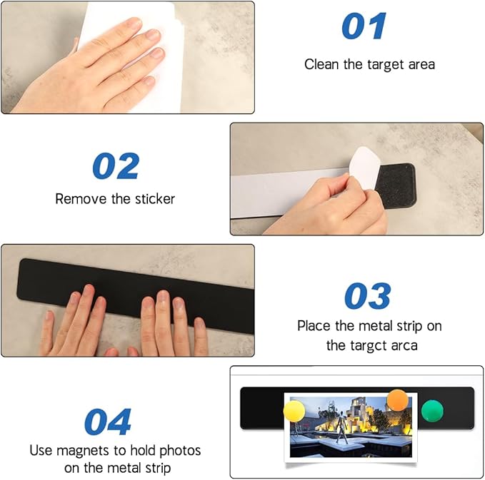 Metal Magnetic Strips with Adhesive Backing Memo Strip Black Magnet Bulletin Board with 12 Colorful Magnet for Wall Kitchen Office (4 Pcs, 2 x 12 Inch)