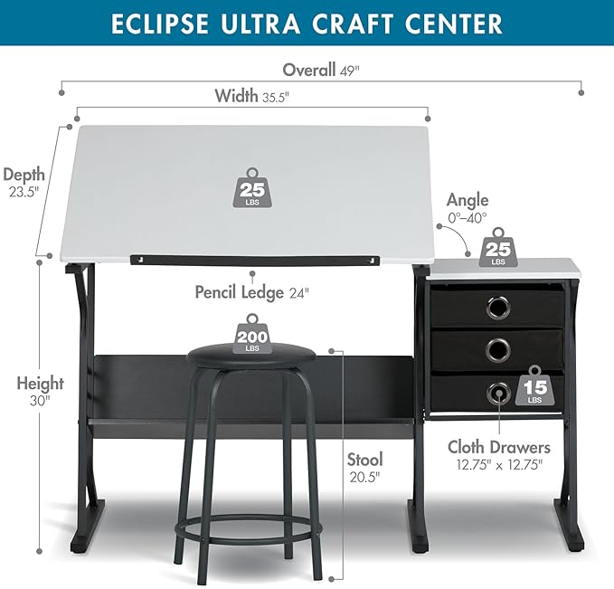 2 Piece Eclipse Ultra Center/Drawing Table with Stool, Angle Adjustable Top, Storage Shelves, and Drawers