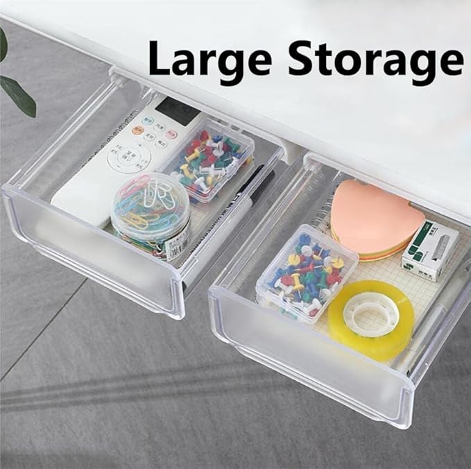 Self-adhesive Under Desk Drawer, 2 Packs Table Hidden Organizer Slide Out Large Storage Desktop Pencil Tray for Office Home School Kitchen (White), Matte White