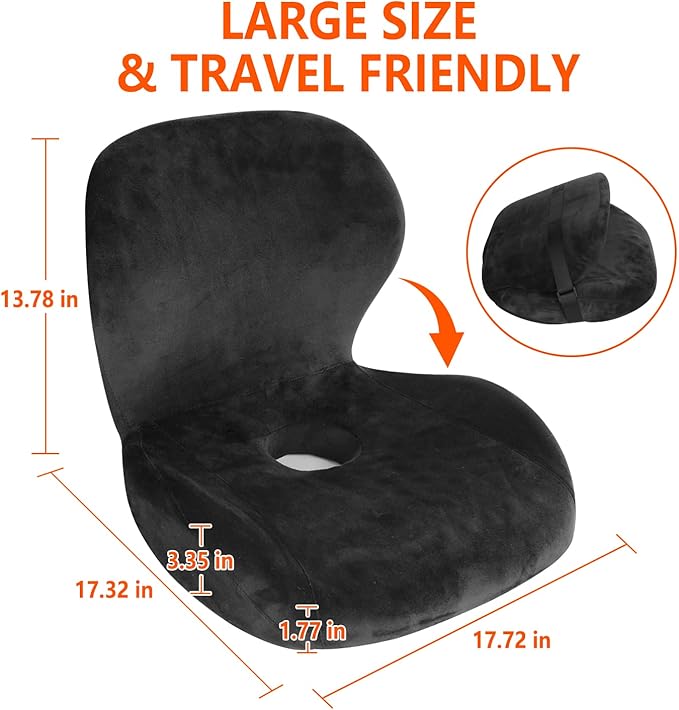 CHIYI Orthopedic 2-in-1 Seat Cushion One-Piece with Lumbar Support 100% Memory Foam - Lower Back, Coccyx, Sciatica Pain Relief - for Bleacher, Wheel/Camping/Office/Gaming Chair, Car Seat （Black）