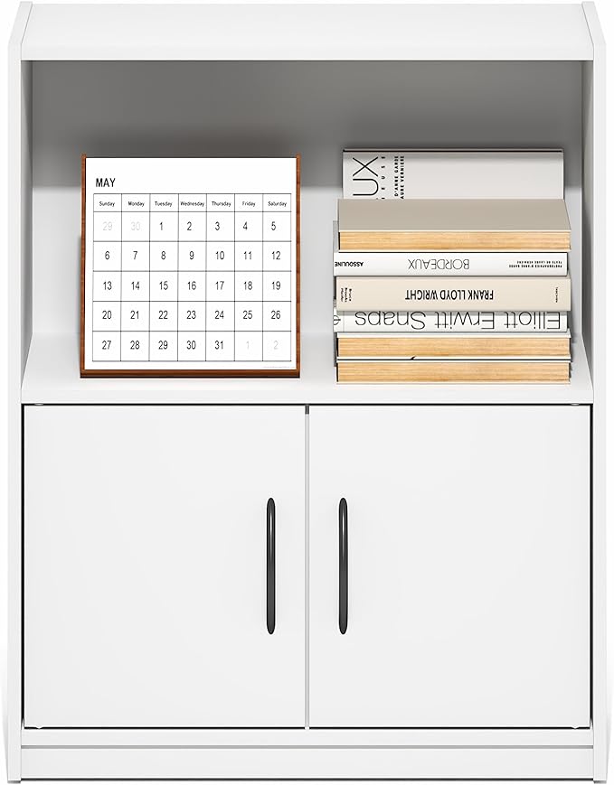Furinno Gruen Book Shelf, 2-Tier Small Bookshelf, Bookcase with Open Shelf and Doors Storage Cabinet, 9.3 x 21.8 x 27, for Organization and Storage, for Living Room, Bedroom, Home Office, White