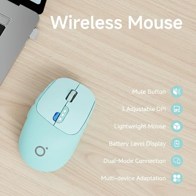 SEUNKWANG EWEADN Q5 Wireless Mouse, Bluetooth & 2.4G Quiet Computer Mouses with Battery Level Display, 1600 DPI, Ergonomic Office Mouse, 6 Button Portable Cute Computer Mouse for Laptop/PC/Mac - Blue