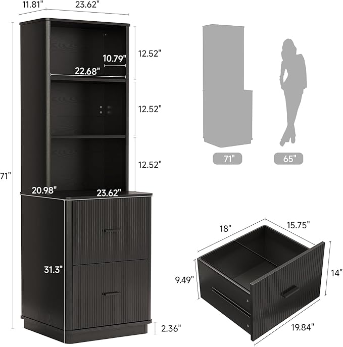 ONBRILL 71" Tall Fluted Bookcase with 2 File Drawers, Curved Design Display Bookshelf with Storage, Mid-Century Modern 3 Tier Bookcase with Sturdy Pedestal for Home Office, Living Room, Black