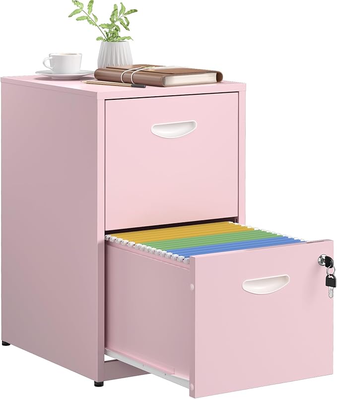 SteeLoong 2 Drawer File Cabinet with Lock,Pink Metal Office Drawers Filing Cabinets for Home Office, Two Drawer Under Desk File Cabinet for Hanging Letter,Easy Assemble