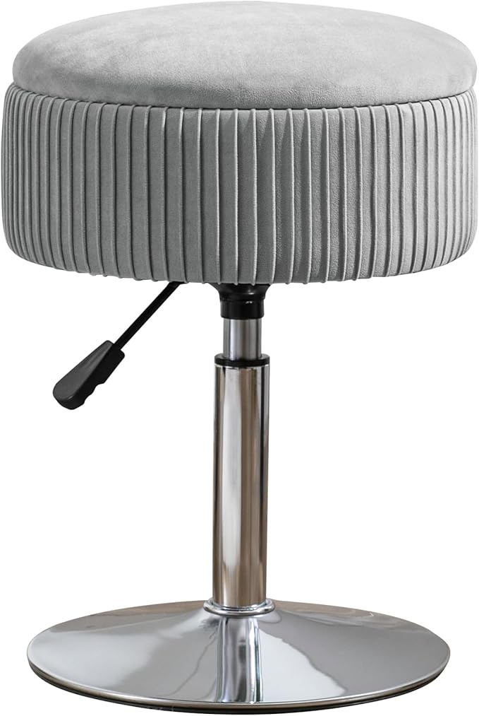 LUE BONA 360°Swivel Vanity Stool Chair for Makeup Room, Height Adjustable Stool for Vanity with Storage, Small Grey Velvet for Bathroom, Living Room