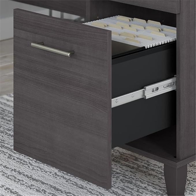 Pemberly Row 72W L Shaped Desk Set with Hutch, Storage, Lateral File Cabinet, Bookcase, Storm Gray Finish, Engineered Wood, Transitional Style Home Office Furniture for Organization and Workspace