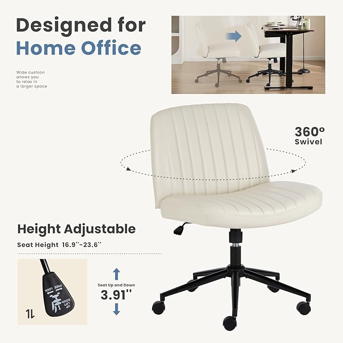 DUMOS Criss Cross Chair with Wheels, Wide Cross Legged Office Desk Vanity Chairs, Faux Leather Armless Adjustable Swivel Chairs for Home Computer Task, Beige