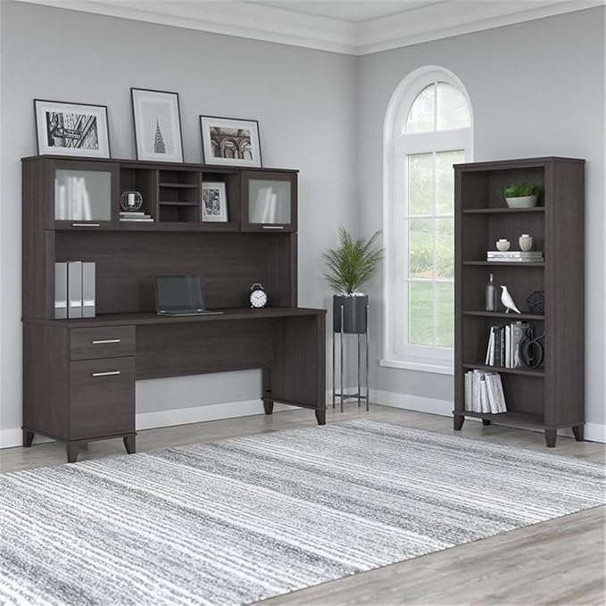 Pemberly Row 72W Office Desk with Hutch and Bookcase, Storm Gray Engineered Wood, Frosted Glass Doors, Adjustable Shelves, Wire Management, Home Office Furniture Set for Storage and Organization