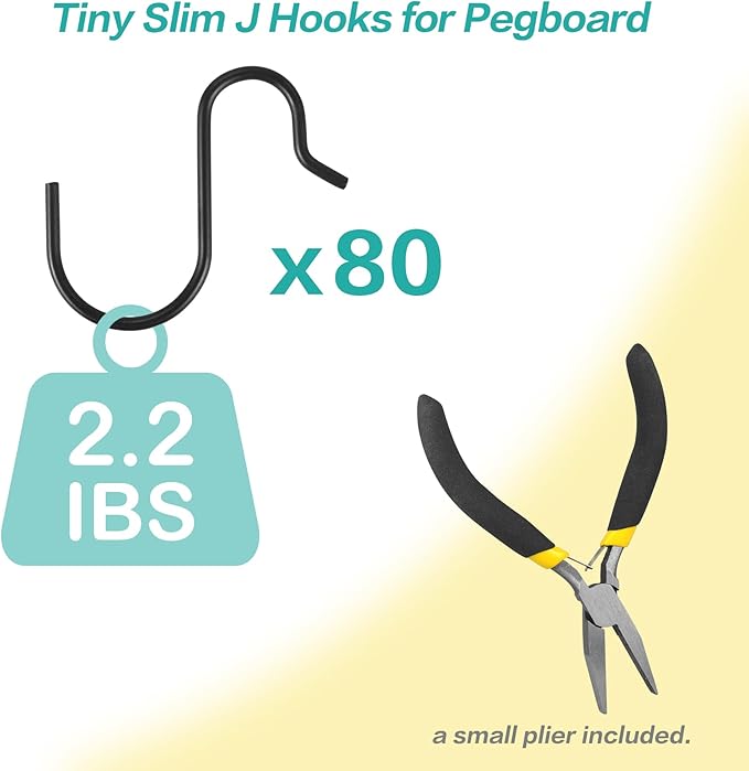 Small Pegboard J Hooks - 80pcs Metal Peg Board Hangers for Tiny Holes - Anti-fall Universal Fit Pegboard Wall Organizer Jewelry Tools Holders for Retailer Garage Craft Office Display Storage (Black)