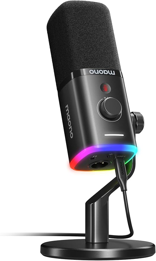 MAONO USB/XLR Dynamic Microphone for PC with 6FT XLR Cable, Computer Streaming Gaming Mic with RGB Light, Mute Button, Headphones Jack,Desktop Microphone Bundle for Podcast Recording