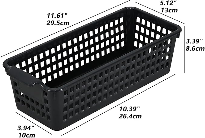 6 Pack Slim Plastic Storage Baskets, Small Desktop Storage Baskets, Black