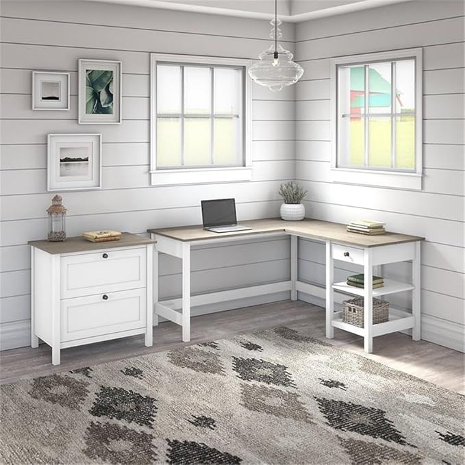 UrbanPro 60W L Shaped Computer Desk with 2 Drawer Lateral File Cabinet, Pure White and Shiplap Gray Finish, Modern Farmhouse Style, Durable Home Office Storage Desk with Shelves and File Drawers