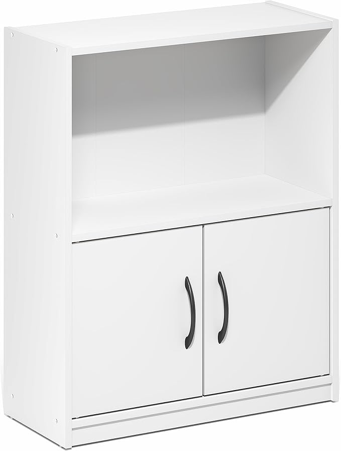 Furinno Gruen Book Shelf, 2-Tier Small Bookshelf, Bookcase with Open Shelf and Doors Storage Cabinet, 9.3 x 21.8 x 27, for Organization and Storage, for Living Room, Bedroom, Home Office, White