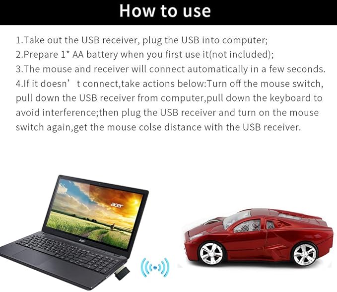 Jinfili 2.4GHz Sports Car Wireless Mouse Optical Cool 1600DPI 3D USB Wireless Gaming Mice for Pc Laptop Windows 10