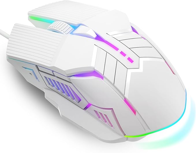 MELOGAGA Wired Gaming Mouse - Lightweight USB Optical Computer Mice with 7-Color RGB LED Lights, 4 Adjustable DPI (1200-3200), 6 Buttons, Ergonomic Design for Windows 7/8/10/XP/Vista & Linux (White)