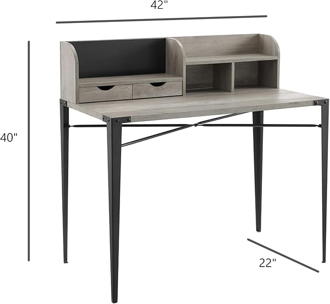 Interior Elements Industrial Modern Wooden Secretary Office Desk with Hutch - Grey Wash, 42"